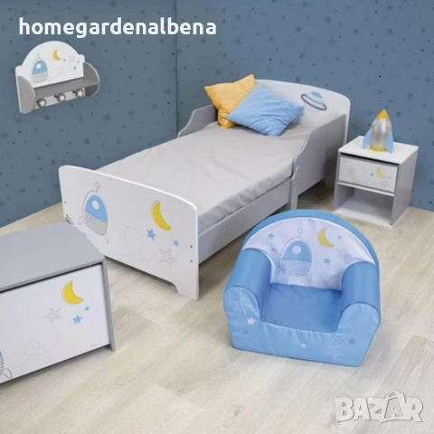 Детско легло Космос 140x70 см с ламелна основа, MDF, бяло, планети звезди ракета, от 36 месеца