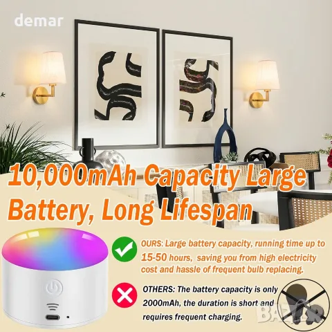 Акумулаторни LED лампи на батерия за стена с дистанционно (10 000 mAh) – RGB + режим бърз/гладък, снимка 6 - Лампи за стена - 55507689