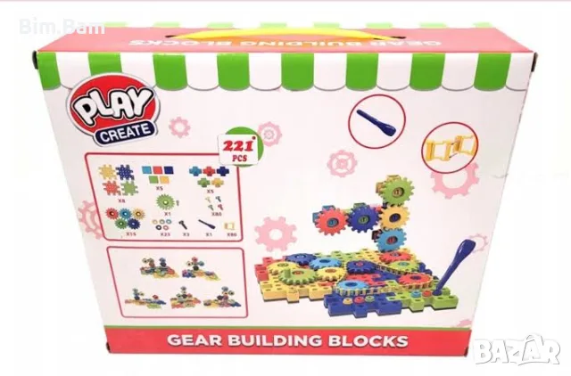 Конструктор - строителни блокчета GEAR BUILDING BLOCKS / PLAY CREATE - 221 части, снимка 2 - Конструктори - 55432824