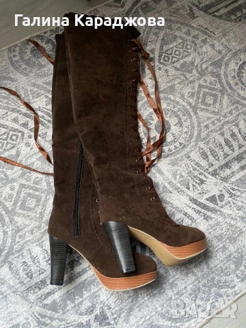 Високи кафяви велурени ботуши с връзки и цип 38 номер, снимка 5 - Дамски ботуши - 54082938