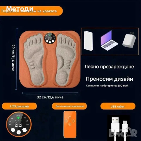 Масажор за крака + Електростиумуатор EMS LCD екран, 8 режима, 29 нива на интензивност, за невропатия, снимка 4 - Други - 54206164