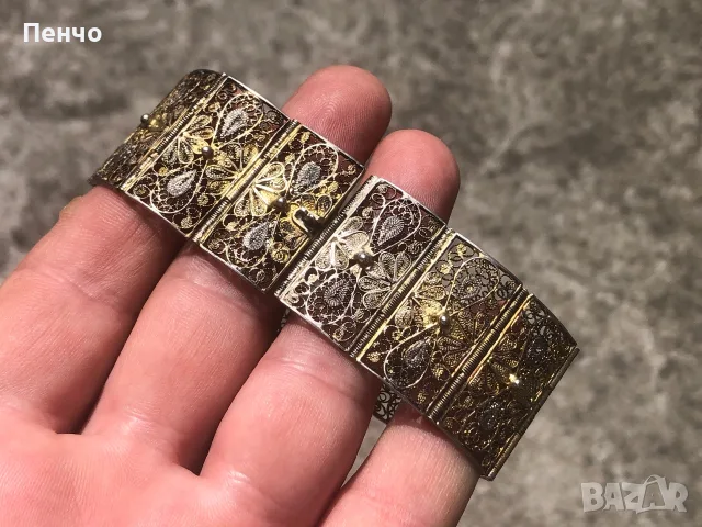 стара сребърна гривна - филигран с позлата, снимка 12 - Антикварни и старинни предмети - 49664536