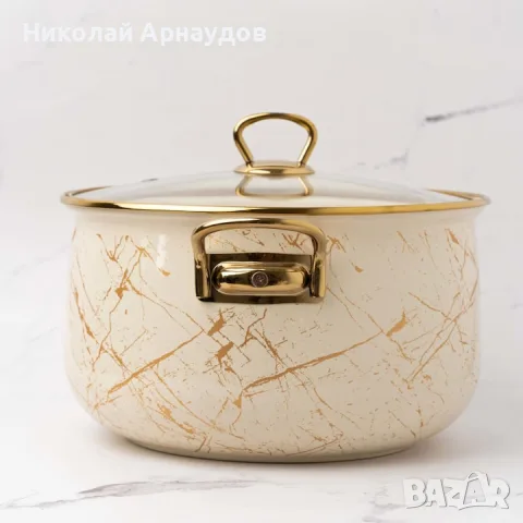 Тенджера Goldmann GM 8017-24B, 6.2L, 24x15см, Емайлирана, Индукция, Златист/Мрамор, снимка 3 - Съдове за готвене - 55645588