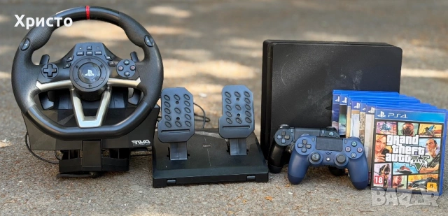 Конзола Sony PlayStation 4 Slim 500GB + Волан с педали Hori Racing Wheel Apex + Игри + 2 Джойстика 