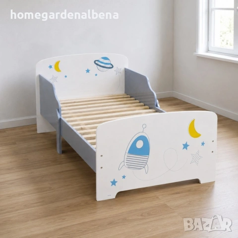 Детско легло Космос 140x70 см с ламелна основа, MDF, бяло, планети звезди ракета, от 36 месеца, снимка 2 - Мебели за детската стая - 54687786