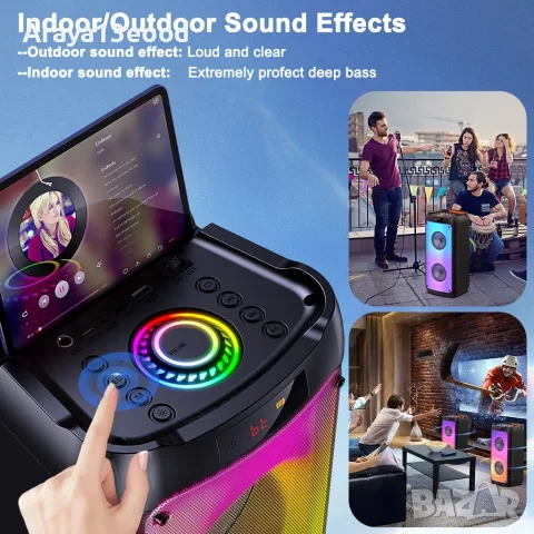 Караоке колона с 2 безжични микрофона, Bluetooth, 200W Peak, TWS и LED светлини, снимка 6 - Тонколони - 55309754