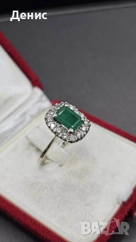Златен пръстен 18K (750) с естествен изумруд и диаманти | 4.24 гр | Emerald Halo Ring, снимка 3 - Пръстени - 55267016