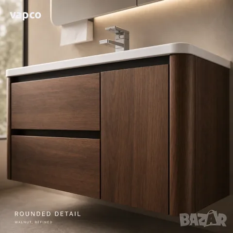 Луксозен шкаф за баня от масивно дърво 2801 (Walnut Balance) със заоблен дизайн и смарт огледало, снимка 3 - Шкафове - 55480754