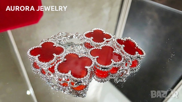 Van Cleef & Arpels VCA 5 Motifs Silver Red Carnelian Vintage Alhambra Дамска Гривна, снимка 5 - Гривни - 54309528