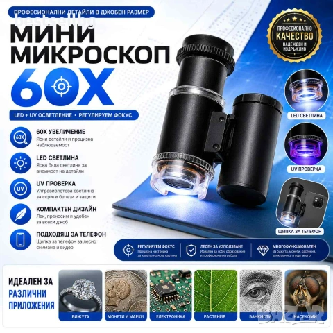 Мини микроскоп 60X с LED и UV светлина за банкноти бижута монети и детайли, снимка 8 - Други инструменти - 29261267