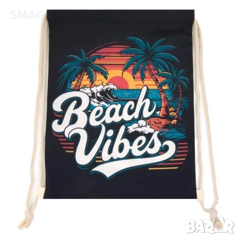 Дамска раница мешка черна с палми Summer vibes_1250433, снимка 2 - Чанти - 54762125