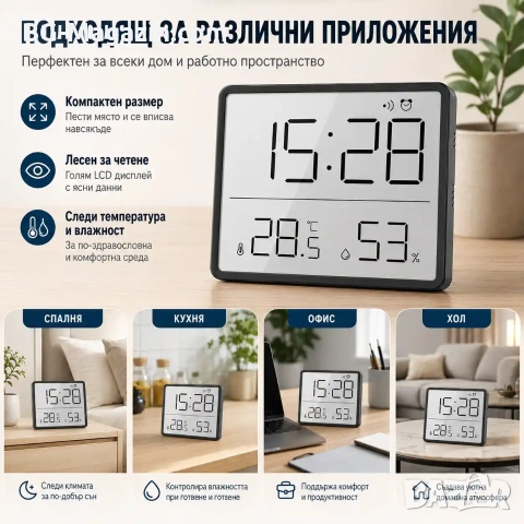 Модерен LED дигитален настолен часовник с температура влага магнит за стена на батерии влагомер, снимка 7 - Други - 51039860