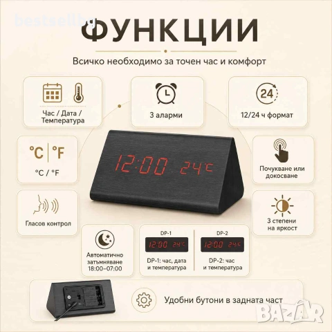 Стаен настолен електронен лед часовник големи цифри термометър на ток, снимка 2 - Други - 28967321