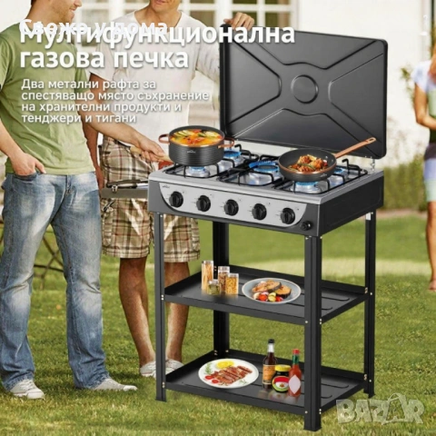 Газова печка HOMELUX с 5 котлона и стелаж на два етажа, 7.2kW, неръждаема стомана, автоматично запал, снимка 2 - Печки, фурни - 54213500