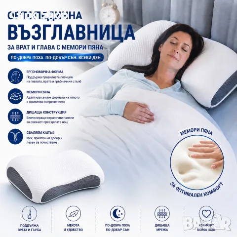 Ортопедична възглавница с мемори пяна за врат и глава – ергономична форма и дишащ калъф