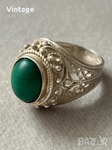 Антикварен съветски сребърен пръстен с малахит, снимка 3 - Пръстени - 53260437