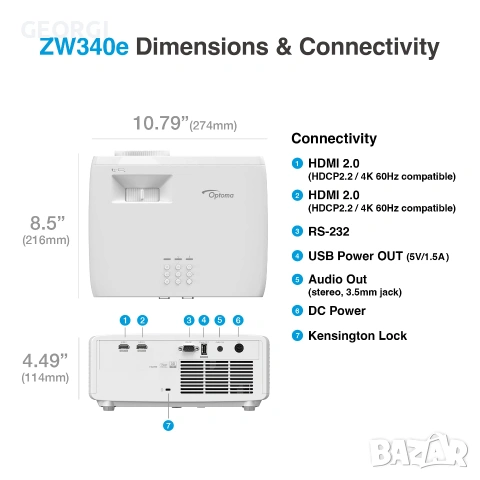 Проектор/видеопроектор Optoma ZW340e, DLP, снимка 5 - Плейъри, домашно кино, прожектори - 55056910