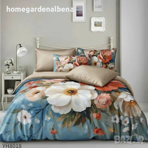 Луксозно спално бельо памучен сатен флорални десени 4 части двоен комплект с ластик