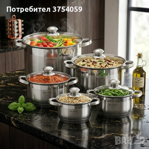 Комплект тенджери от неръждаема стомана , 10 части, Индукция, Многослойно дъно, Капаци от закалено , снимка 2 - Съдове за готвене - 55178971