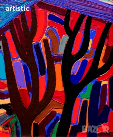 Генко Генков, живописен морски пейзаж с дървета, снимка 4 - Картини - 54044482