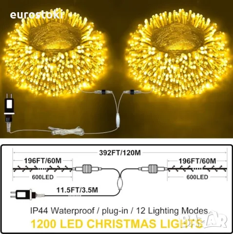 Външен LED гирлянд FLVOECN, 120 метра, 1200LED лампички, водоустойчиви коледни светлини, снимка 4 - Други - 55332026