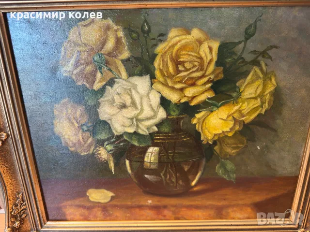 маслена картина натюрморт на рози в стъклена ваза/платно/, снимка 4 - Антикварни и старинни предмети - 55465393