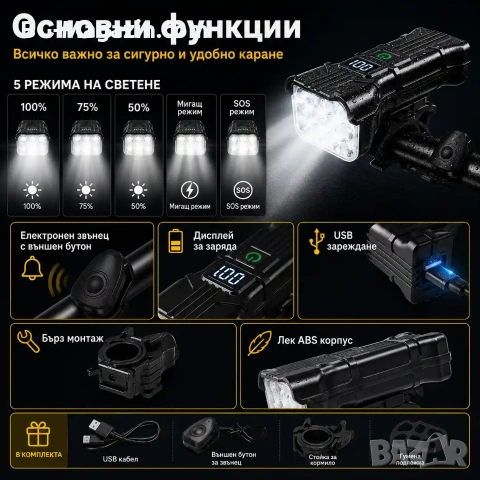 Мощен LED фар за велосипед тротинетка 2 в 1 със силен звънец и дигитален дисплей, снимка 2 - Аксесоари за велосипеди - 55123818