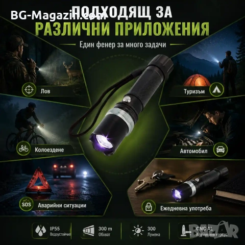 Мощен полицейски акумулаторен лед фенер CREE LED презареждаем регулируем фокус лов риболов къмпинг, снимка 4 - Къмпинг осветление - 51027702