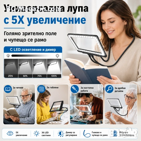 Увеличителна лупа за шиене на гоблени за врата четене книги A4 бродерия с LED осветление шиене , снимка 8 - Други инструменти - 50919457