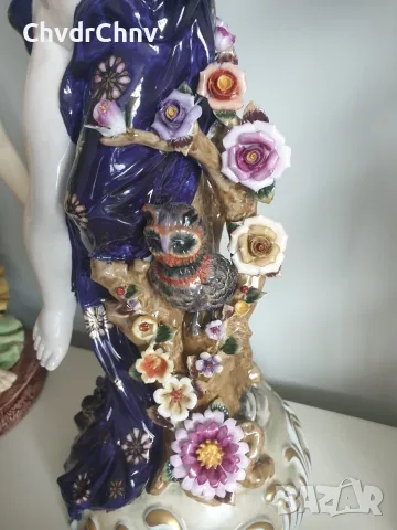 Meissen фигура 49см-2,4кг/еротика/Майсен порцеланова статуетка на момиче с цветя и бухал, снимка 9 - Статуетки - 55606482