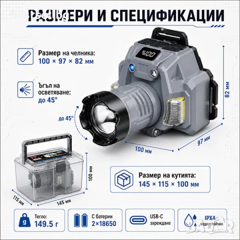 Мощен акумулаторен LED челник лазерен диод къмпинг осветление лампа USB фенер за глава лов риболов, снимка 6 - Къмпинг осветление - 51204063