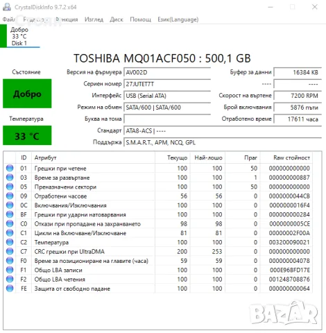 500GB хард диск Toshiba, HDD, 2.5", SATA3, 7200 RPM, 100%, снимка 6 - Твърди дискове - 55389041