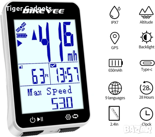 Bikevee BKV-310 GPS Велокомпютър – Безжичен, 2.4" дисплей, IPX7, Автоматична подсветка, снимка 7 - Аксесоари за велосипеди - 54939782