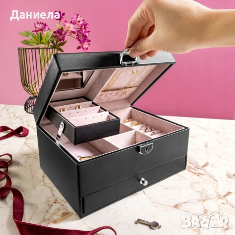 Луксозна кутия за бижута с огледало, заключване и чекмедже за съхранение, снимка 2 - Други стоки за дома - 54974393