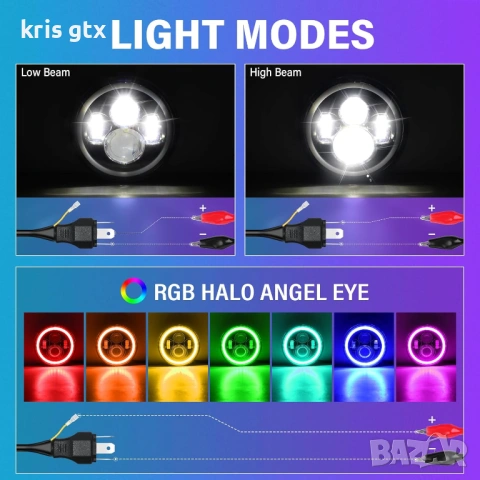 7 inch 7 инчa RGB LED Диодни фарове джип Jeep Wrangler JK LJ Lada Niva Golf 2 Cherokee Angel Eye, снимка 5 - Аксесоари и консумативи - 54401915