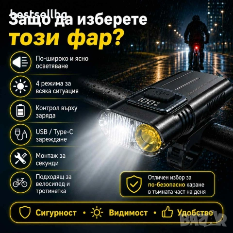 Акумулаторен LED фар за велосипед MACROCOSM с двойна светлина USB Type-C дисплей и 4 режима, снимка 5 - Аксесоари за велосипеди - 55154446