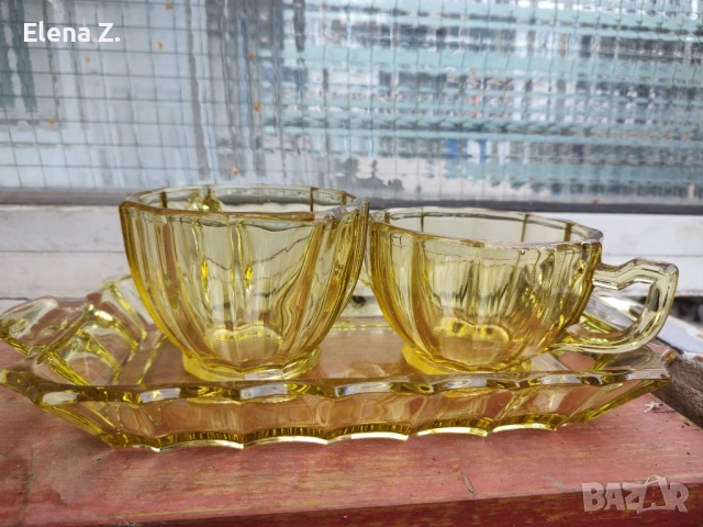 Винтидж сет кехлибарено жълто стъкло САЩ 30-те