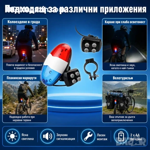 Универсална полицейска сирена за колело звънец звукова аларма за велосипед силни предни светлини, снимка 6 - Аксесоари за велосипеди - 50963219