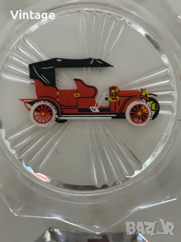 Винтидж стъклени чинии  4 броя с ретро коли , снимка 4 - Колекции - 53983710
