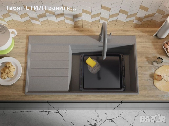 Сива гранитна кухненска мивка Сидни 900-60 Ergo Multilevel 900х500 мм, снимка 3 - Мивки - 54712466