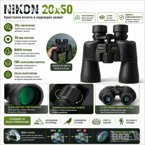 Мощен ловен бинокъл NIKON 20×50 за лов птици туризъм далечни разстояния BAK-4 призма професионален, снимка 2 - Екипировка - 50930544