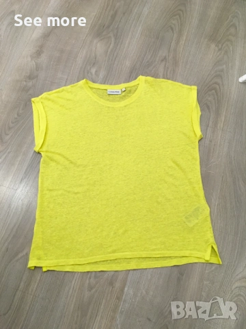 Calvin Klein 100% лен тениска в жълт цвят, снимка 4 - Тениски - 54183607