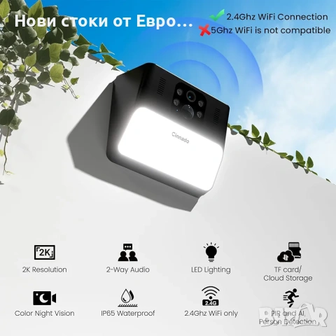 Cinnado Външна камера Безжична - 2.4G 2K Соларна стенна камера, снимка 2 - HD камери - 54095299