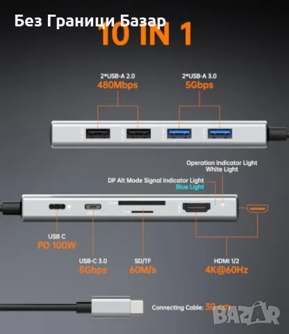 Нов лаптоп хъб Докинг станция за MacBook HP Dell Lenovo, 2 HDMI, USB 3.0, 4K 60Hz, снимка 2 - Кабели и адаптери - 55564999