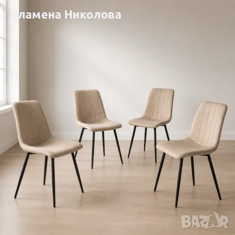 Комплект от 4 броя трапезни стола - Бежово кадифе и черни метални крака, до 120кг, снимка 4 - Столове - 55444150