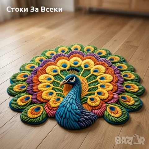 Декоративен килим Паун с антислип основа, снимка 4 - Килими - 55403305