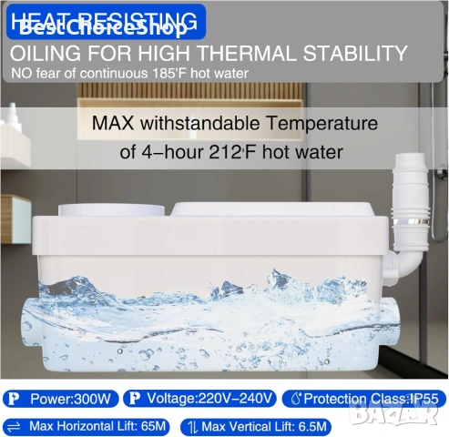300W Помпена станция за отпадни води тоалетна, мивка и душ с тих мотор – 6000 L/H максимален поток, снимка 8 - Други стоки за дома - 54941812