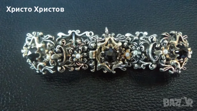 Сребърна аристократична винтидж гривна с гранати, позлата и перли Виена