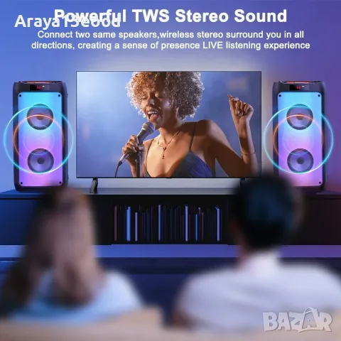 Караоке колона с 2 безжични микрофона, Bluetooth, 200W Peak, TWS и LED светлини, снимка 3 - Тонколони - 55309754