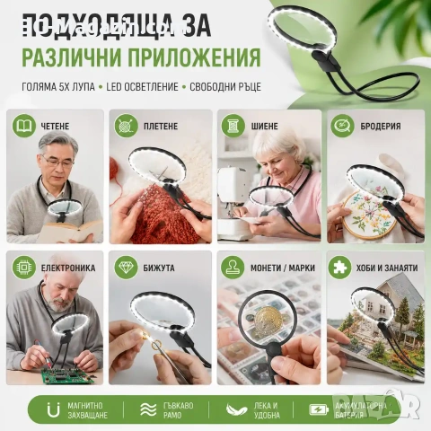Голяма увеличителна лупа за врат с LED осветление за бродиране шиене гоблени четене настолна, снимка 3 - Други инструменти - 53032039